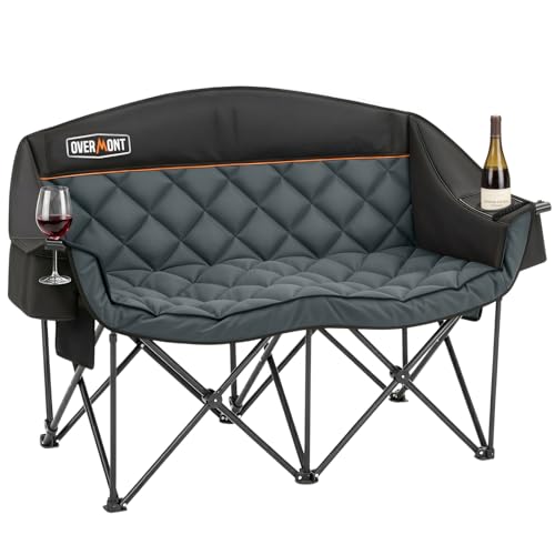 OVERMONT Campingstuhl Faltbar für 2 Personen - XXL Faltsofa 2 Sitzer - Doppel Campingsofa Couch Klappbar Gepolstert Hochlehner - für Outdoor Camp Garten Balkon Strand - bis 385 kg Belastbar Schwarz
