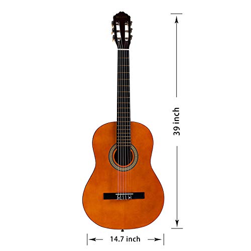 Classical Guitar Acoustic Full Size 39 inch Guitar 6 Nylon Strings Guitar for Beginners Junior Kids Starter Kits with Waterproof Bag Guitar Clip Tuner Strap Extra Strings