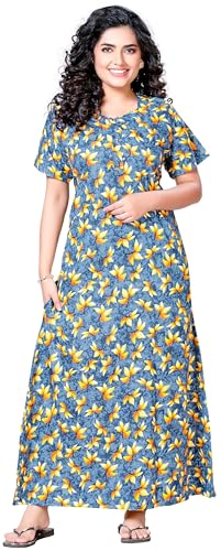 Image of Keyocean Women's Cotton Printed Maxi Nighty, Full Length Night Gown for Women, Comfortable Night Gown and Sleepwear, Free Size, Pack of 2