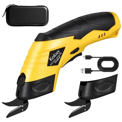 Kolozy Tijeras Eléctricas Costura sin Cable, Cortador de Carton Recargable 4V Batería 2500 mAh 10000 RPM con 2 Cuchillas, Cutter Eléctrico Apto para Tela Cartón Alfombras Fieltro Cuero Plástico