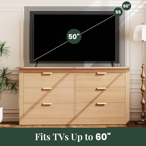 Image of 59 inch Wide Wood TV Stand with 6 Drawers & Metal Handles, Modern Media Console Storage Cabinet for Living Room, Bedroom, Entryway & Home Office, Wood
