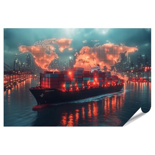 islandburner XXL Bild Poster Containerschiff Vor Stadt Skyline Mit...