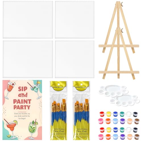 Sip and Paint Kit for Adults Couples Canvas Painting Set for Date Night Paint Your Partner Kit with 4 Canvases 2 Wooden Easels Paints Brushes Palettes and Poster for Party Family Activity