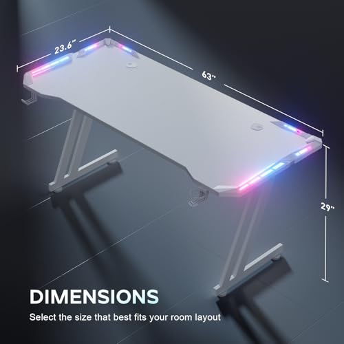 Image of HLDIRECT 63 Inch Gaming Desk with App-Controlled RGB LED Lights, White | Z-shaped frame design, cup holder, headphone hook, cable management & mouse pad, for dual-monitor gaming and work setup