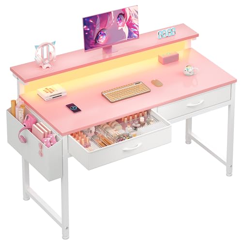 Image of DurayLoly 39.4Inch Office Computer Desk with LED Lights & 2 Fabric Drawers, Gaming Desk with Side Pocket & Ergonomic Monitor Stand, Small Space Study Writing Table with Anti-Tip Design,Pink