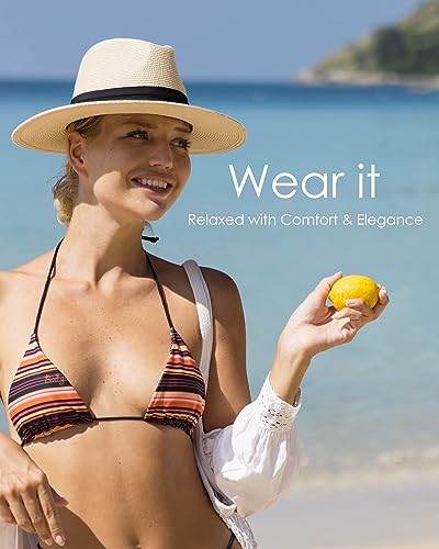 FURTALK Sun Hats for Women Men Panama Hat Wide Brim Fedora Straw Beach Hat UV UPF 80+ Beach Vacation Essentials Black-Beige - Thumbnail 3