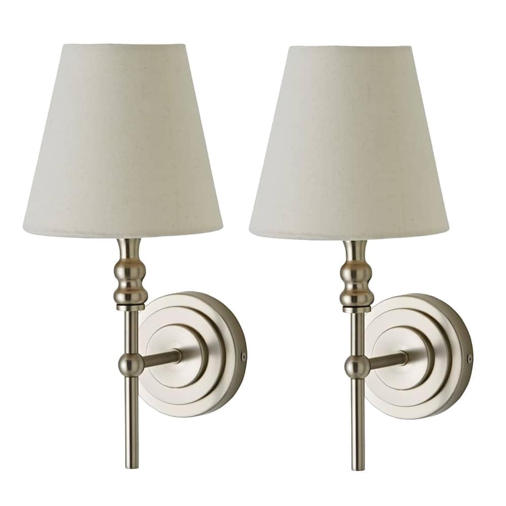 Valuelights Silver | Maggie Pair Of Brushed Chrome Candlestick Wall Lights With Linen Shade | Wall Lights, Home Décor & Improvement Essential |