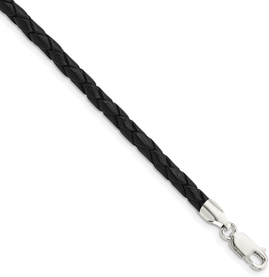 925 Sterling Silver 4mm Black Cord Leather Braided Necklace 16" to 20"