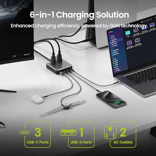 Image of SHARGE 6-in-1 Charging Station 100W GaN Power Strip PD Desk Charger With 5 ft Cord, 2 AC, 3 USB-C, 1 USB-A Port for Home Office Travel