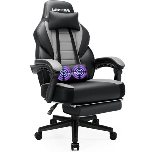 LEMBERI Gaming Chair with Footrest, Ergonomic Video Game Chair for Adults, Big and Tall Chair 400lb Weight Capacity, Racing Style Computer Gamer Chair with Headrest and Lumbar Support, PU Leather