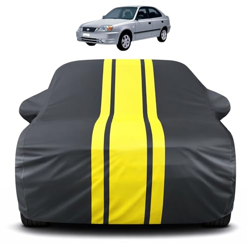 Image of Auto Hub Car Cover Compatible with Hyundai Accent with Mirror Pocket, Soft Cotton Lining, Accent Car Cover Waterproof - Yellow-Black