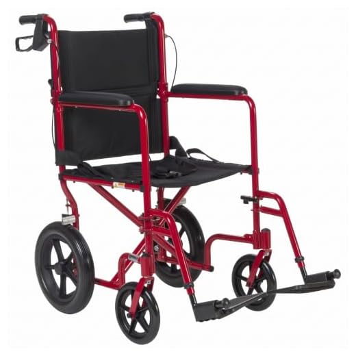 Drive Medical EXP19LTRD Lightweight Expedition Folding Transport Wheelchair with Hand Brakes, Red
