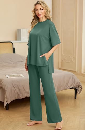 Image of PrinStory Womens Pajamas Sets 2 Piece Lounge Set Short Sleeve Tops and Long Pants Soft Pjs Loungewear with Pockets