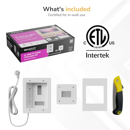 Image of Mount-It! in-Wall TV Cable Management Kit with Recessed Power - Dual Outlet, USB-A and USB-C Ports, 9ft Cord, and Hand Saw - Easy, Safe Cable Management for Organized TV and Home Theater Setups