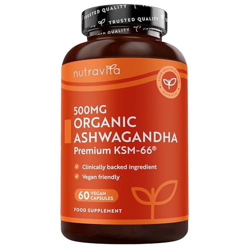 Nutravita Certified Organic Ashwagandha KSM-66 Root 6000mg - 60 Organic Ashwagandha High Strength Vegan Capsules with 500mg 12:1 Extract per Capsule - Herbal Supplements - Made in the UK