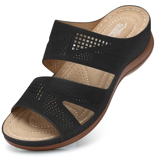 Image of SHIBEVER Wedge Sandals for Women Dressy: Comfortable Summer Casual Walking Sandals - Slip On Open Toe Low Wedge Shoes Size 5-11
