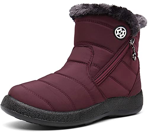 Gaatpot Women Winter Warm Snow Boots Ladies Slip On Water-resistant Outdoor Fur Lined Ankle Booties Shoes Tibetan Red Size 8 UK /260(42) CN