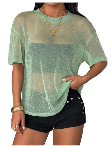 OYOANGLE Womens Sparkly Glitter Rave Concert Outfits Going Out Top Short Sleeve See Through Blouse Mesh Shirt Mint Green M