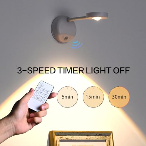 Image of XPESUVC Motion Sensor Wall Light Rechargeable LED Spotlight Flexible Rotate Bedside Reading Lamps with 3 Color Temperature for Picture, Mirror, Hallway (White, 1 Pack(with Remote Control))