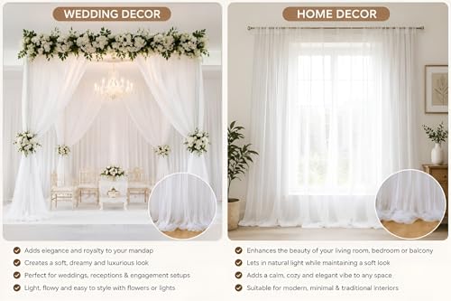 Image of 3pcs White Backdrop Decoration Net - 13x4ft Each, Nylon Made, Reusable and Soft Fabric, Ganpati Decoration Setup for Home, Cabana Tent Decorations for Birthday, Wedding Net