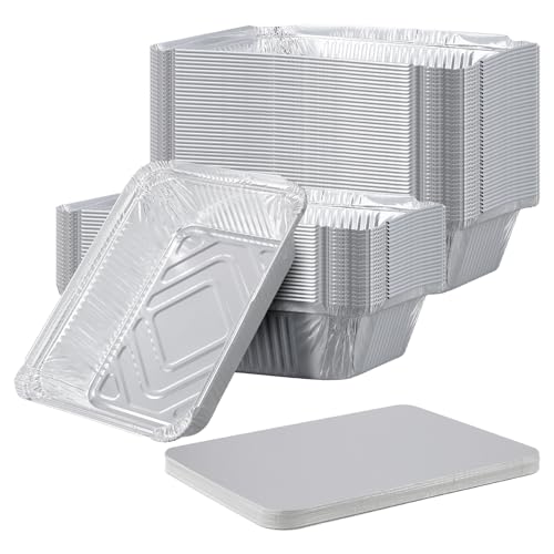 CHIHEUNG 60 Stück Aluschalen mit Deckel 1100ml, Rechteckige Aluminium Behälter, Hitzebeständige Grillschalen Groß, Alu Lebensmittelbehälter für Backen, Grillen, Kochen, 21,5x16x5cm