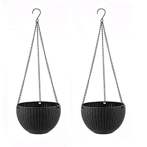 HOMDO 2 Stück Blumenampel Draußen,Nachahmung Rattan Blumenampel mit Wassersperre, Blumentopf Hängen, Kunststoff, mit Loch und Ketten Blumenkorb, Für Innen- und Außenbereich, Schwarz Cover