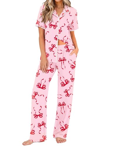 Ekouaer Womens Pajama Sets Button Down Loungewear Short Sleeve Sleepwear 2 Piece Pants Pjs Set with Pockets Pink Bow XL
