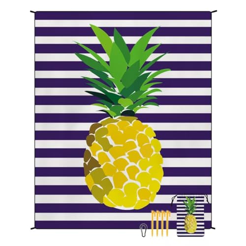 Cute Pineapple Striped Beach Mat, Sandproof Waterproof Outdoor Picnic Blanket, Large Portable Camping Mat with Stakes & Carry Bag for Beach Trips, Family Gatherings