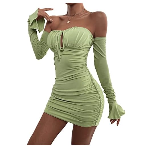 Verdusa Women's Off Shoulder Backless Flounce Sleeve Ruched Bodycon Mini Dress Mint Green M
