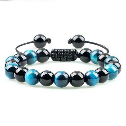 Bracelet obsidienne noire homme œil de tigre perle naturelle élastique