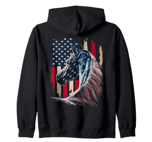 Patriotic Horse American Flag - Horse Vintage Print on Back Zip Hoodie