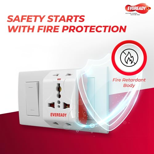 Image of Eveready Everprotect Multiplug | 3 Sockets (1 x 3-Pin & 2 x 2-Pin) | Universal Socket | 240V, 6A | Max Load 1500W | Fire Retardant Body | LED Power Indicator | Compact Plug for Home & Office