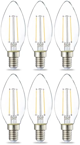 Amazon Basics Lot de 6 petites ampoules LED en forme de flamme Culot Edison à vis E14 2.1 W (équivalent 25 W) Filament transparent Intensité non variable, blanc chaud