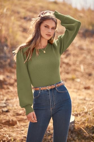 Image of MASCOMODA Womens Puff Long Sleeve Ribbed Sweater Bodysuits | Fall Winter Outfits 2026, Crewneck Knitted Bodysuit Dressy Casual, Cute Slim Fit Pullover Tops, Work, Date, Dress Up & Down