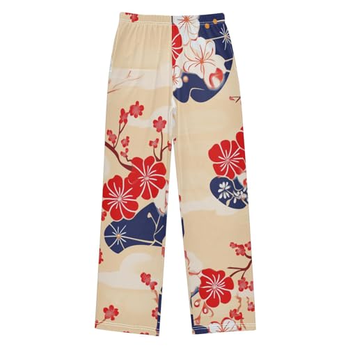 Spring Plum Flowers Boys Long Pants Soft Trousers Elastic Waist Kids Lounge Bottoms with Pockets S-XL