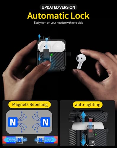 Image of Pohgelan for AirPods 4 Case with Safety Lock-Black | Carbon Fiber Texture Cover,Magnetic Automatic Lock with Cleaning Kit&Keychain,Compatible with Magsafe