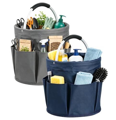 Image of 17L Cleaning Caddy for Cleaning Supplies, 2Pieces Portable Garden Tool Bag with 6 Pockets, Foldable Tool Bucket Organizer, Storage Basket for Bathroom, Garden, Dark Gray + Navy Blue
