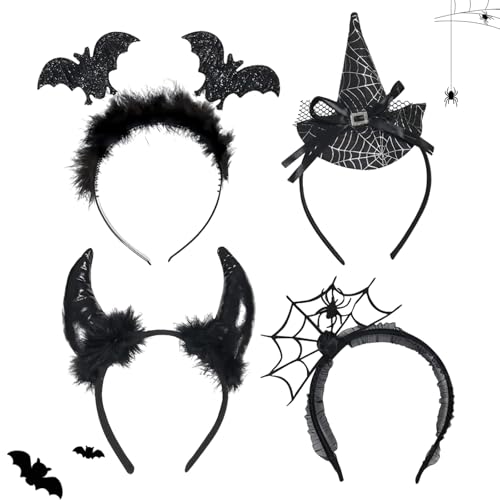 GWAWG Bandeaux d'Halloween,Chauve-Souris Araignée Sorcière Diable Cornes Bandeau pour Enfants Adultes Halloween Couvre-Chef Cosplay Déguisement Accessoires de Costume (4, one size)