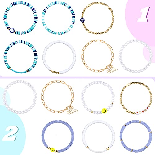 Yaomiao 28 Pcs 4 Set Heishi Surfer Bracelets Colorful Preppy Smile Evil Eye Beaded Stretch Bracelets Friendship Clay Stackable Boho Disc Y2k Summer Beach Aesthetic Jewelry Set for Women Party Gifts2