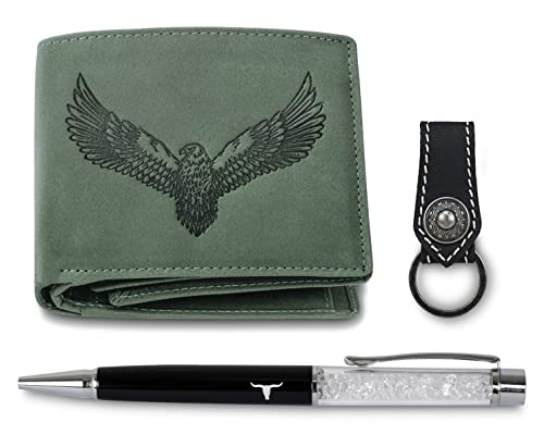 Zylo Vintage Leather Wallet + Keychain + Pen Combo Gift Set for Men, Vintage Green, RFID