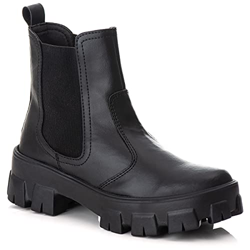 Bota Feminina Botina Chunky Chelsea Conforto Casual (Preto Verniz, 37)