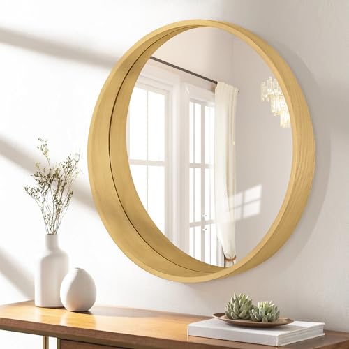 壁掛けミラー 木製 丸型ミラー 天然木フレーム ウォールミラー 飛散防止 円形鏡 (木の色, 60cm)