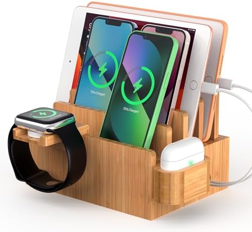 Pezin & Hulin 4-Slot Bamboo Charging Station for Phone, Watch & Earbuds