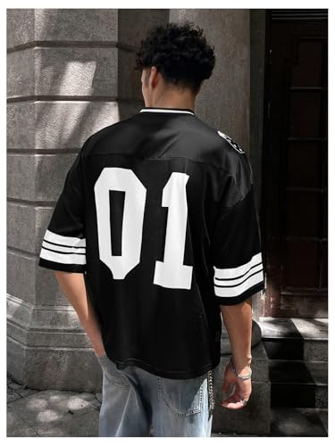 OYOANGLE Men's Number Graphic Print Jersey Shirts Color Block V Neck Short Sleeve Oversized Tee Shirt2