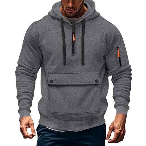 Mens Cargo Hoodies Casual Quarter Zip Tactical Hooded Sweatshirts Workout Fitness Pullover Tops with Flap Pockets