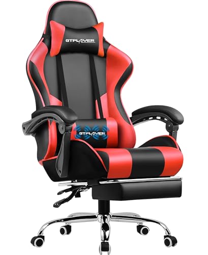 GTPLAYER Sedia da Gaming, Ergonomico Sedia da Ufficio, con Massaggiante poggiapiedi e supporto lombare, Schienale Regolabile 90-135°, Portata 150 kg, sedia per computer, Rosso