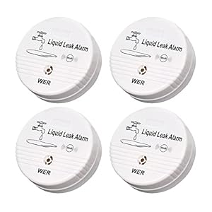 WER Water Leak Alarm Sensor, Battery Operated Leak Alert, 90dB Water Detector for Basements, Bathrooms, Laundry Rooms, Kitchens, Garages and All Office Areas (Shipped Without Battery, 4 Pack)