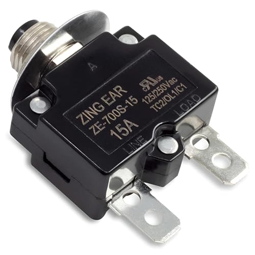 ZE-700S-15 15A Thermal Push Button Circuit Breaker – Mini Resettable Overload Protector 125/250 VAC with Manual Push-to-Reset & Quick Connect Terminals, Panel Mount Type