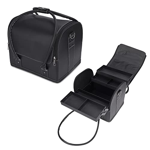 NFI essentials Large Makeup Case, Professional Nail Art Beauty Train Case Bag, Vanity Travel Brush Case with 4 Layer Trays and Strap, Large Storage