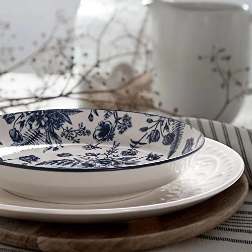 Artena Pasta Bowls Set Of 4, 26oz Porcelain Salad Bowls, 8 Inch Bowls For Kitchen, Colorful Dinner Plates, Serving Bowls For Entertaining, Shallow Bowl For Eating, Microwave, Oven Safe, Blue Flower